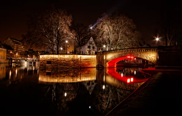 Picture night, bridge, lights, river, France, home, Strasbourg