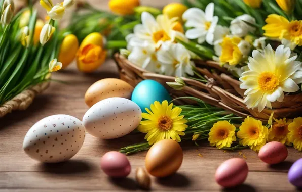 Flowers, eggs, spring, colorful, Easter, happy, flowers, spring