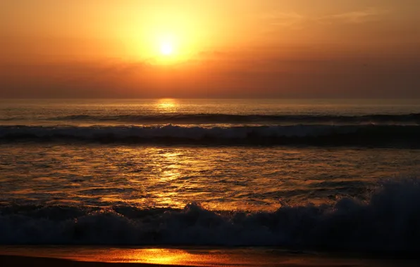 Sand, sea, wave, beach, summer, the sky, the sun, sunset