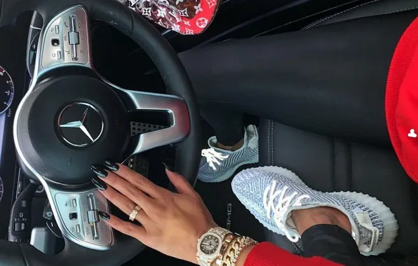 Auto, girl, feet, watch, the wheel, bracelet, handbag, sneakers