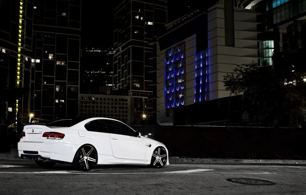 White, night, the city, lights, bmw, BMW, coupe, white