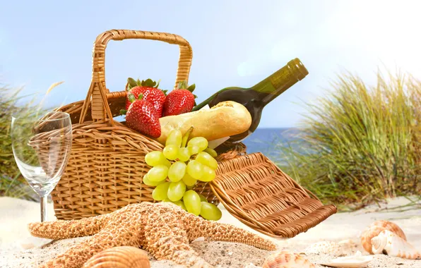 Sand, sea, beach, wine, basket, glass, bottle, strawberry