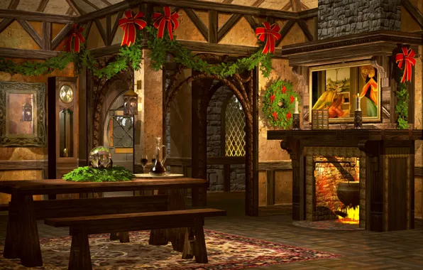 House, table, graphics, watch, interior, picture, Christmas, wooden