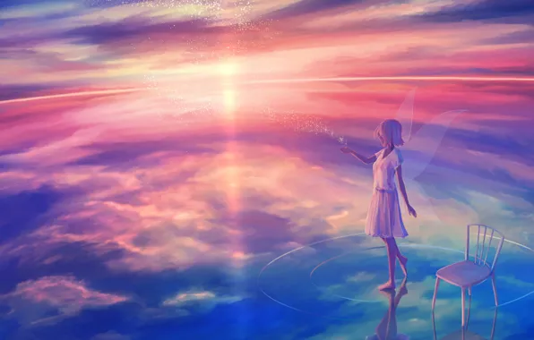 The sky, water, girl, wings, fantasy, chair
