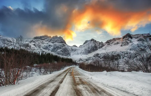 Winter, road, mountains