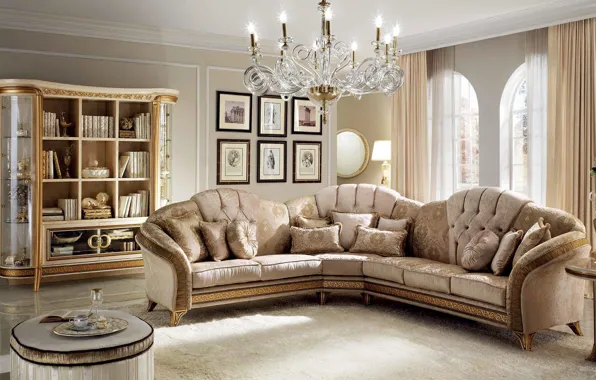 Sofa, gold, furniture, interior, chandelier, luxury, living room