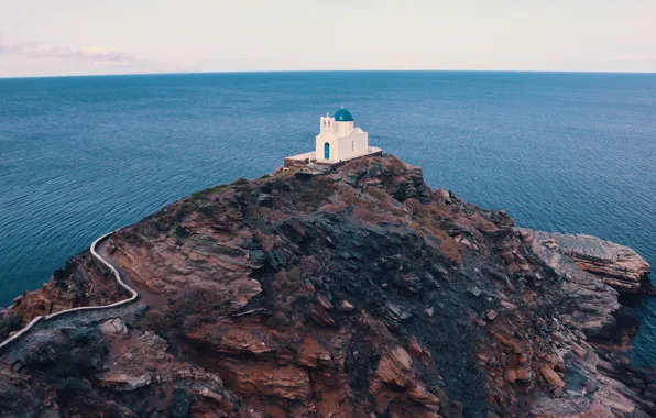 Sea, the sky, rock, rocks, shore, view, horizon, Church