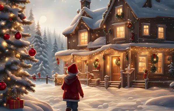 Winter, forest, balls, snow, night, lights, house, the moon