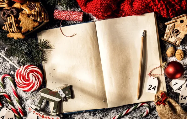 Toys, scarf, cookies, Christmas, New year, Notepad, pencil, notebook