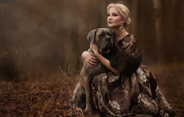 Picture autumn, look, girl, decoration, nature, dog, earrings, dress