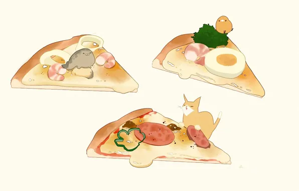 Picture greens, egg, seal, pussy, pieces, bird, yummy, pizza