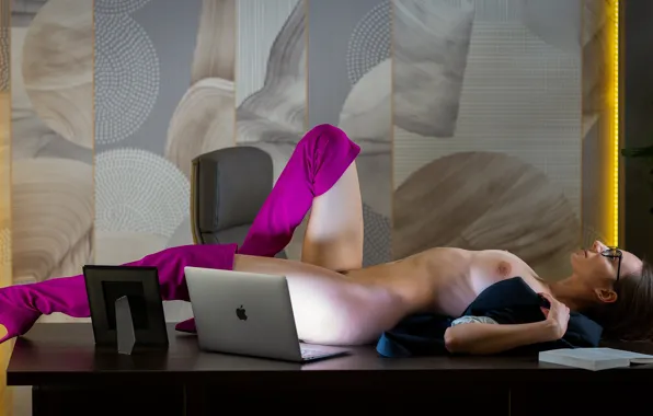 Chest, girl, pose, feet, body, boots, glasses, laptop
