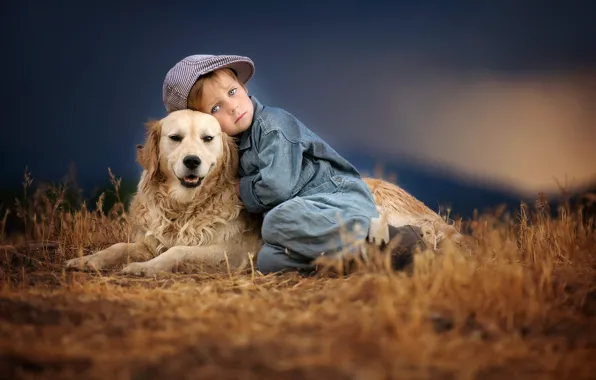 Grass, sunset, nature, animal, dog, boy, cap, friends