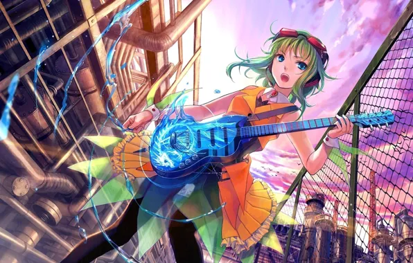 Girl, plant, guitar, anime, glasses