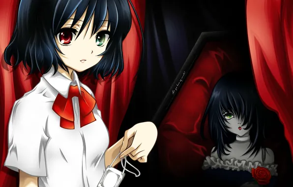 Doll, curtain, the coffin, bow, different eyes, other, puppet, misaki mei