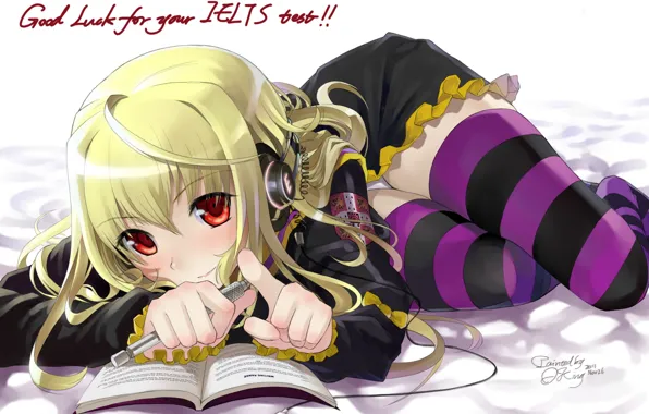 Girl, headphones, handle, book, art, embarrassment, okingjo