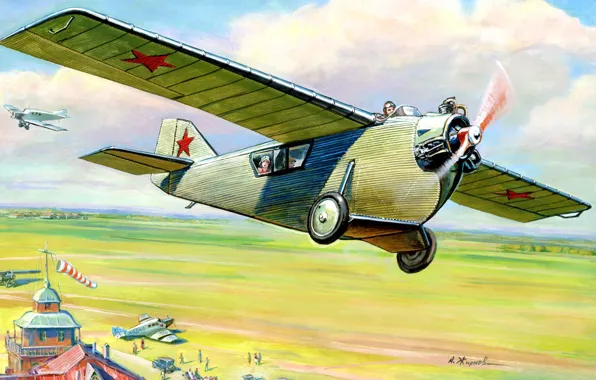 Picture flight, the plane, art, USSR, the airfield, first, passenger, OKB