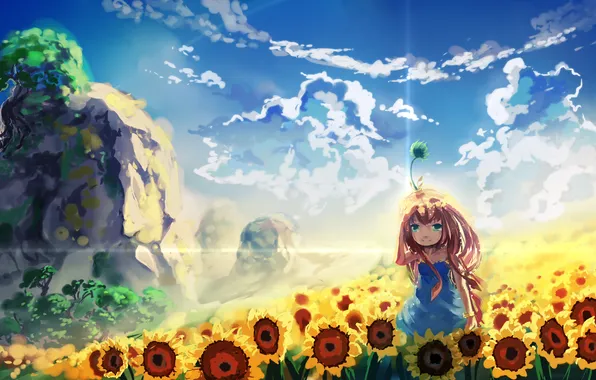The sky, clouds, sunflowers, mountains, anime, art, girl, chibionpu