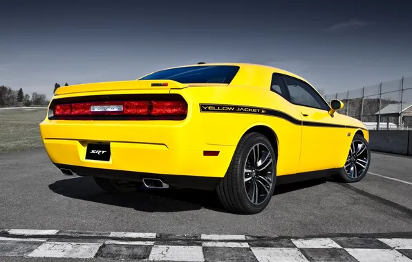 The sky, yellow, muscle car, Dodge, rear view, dodge, challenger, muscle car