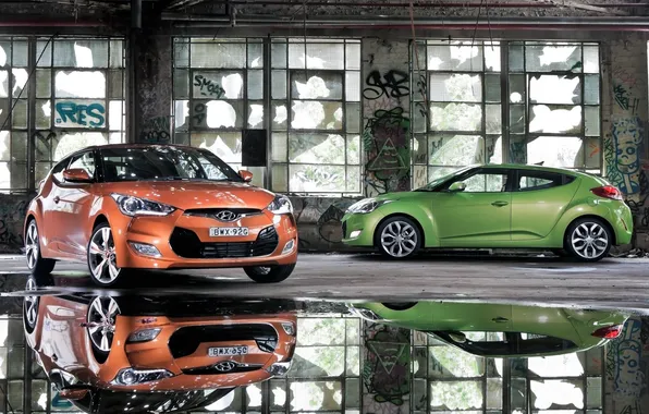 Orange, reflection, Windows, coupe, puddle, green, hyundai, Hyundai
