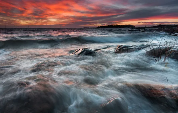 Sea, wave, sunset, stones