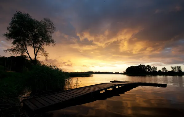 Sunset, bridge, lake