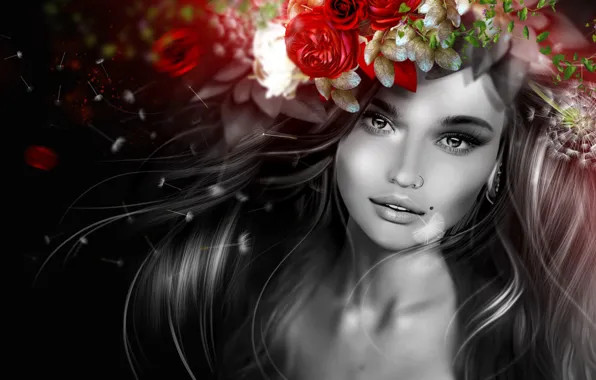 Girl, flowers, smile, dandelion, hair, piercing, wreath