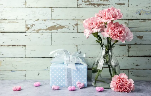 Flowers, gift, hearts, love, pink, pink, flowers, beautiful