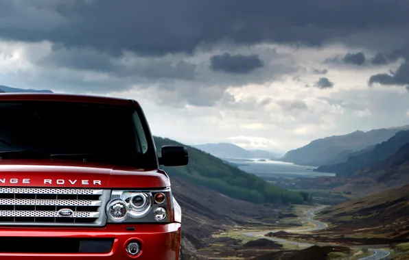 Picture the sky, clouds, mountains, Red, Land Rover, range rover sport