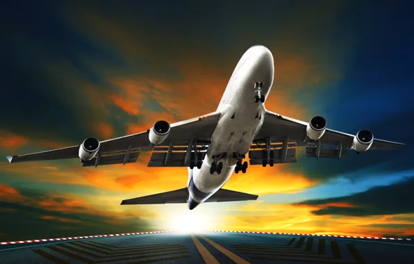 The sky, asphalt, the sun, clouds, the plane, runway, passenger, takes off