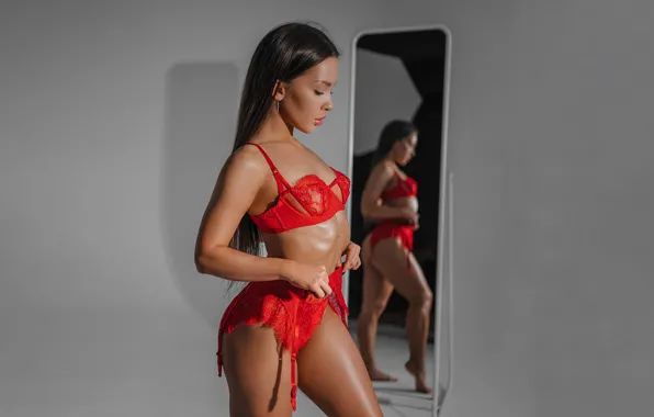 Ass, model, women, brunette, reflection, mirror, red lingerie, hips