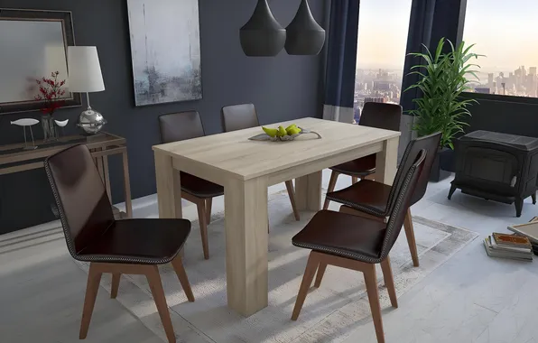 Design, style, room, interior, fireplace, megapolis, dining room, a city apartment in a skyscraper