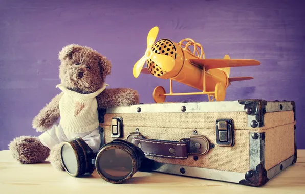 Table, background, toys, glasses, bear, suitcase, the plane