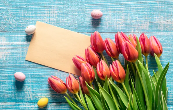 Flowers, eggs, bouquet, spring, colorful, Easter, tulips, red