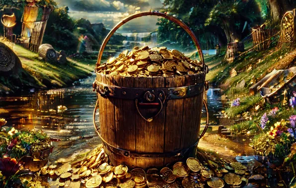 Stream, gold, bucket, coins