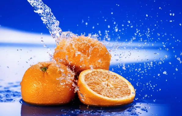 Picture water, drops, macro, squirt, freshness, oranges, citrus