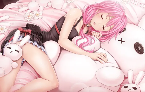 Girl, flowers, toy, rabbit, lies, art, guilty crown, inori yuzuriha