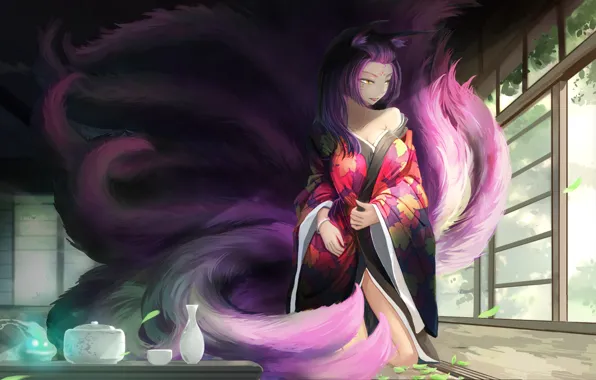 Picture girl, room, home, anime, art, tail, dishes, kimono