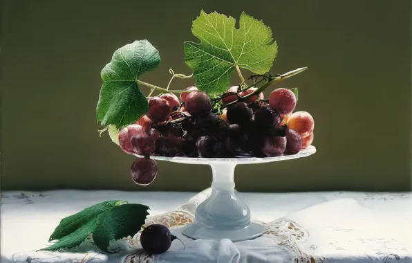 Leaves, berries, picture, art, grapes, vase, still life, lace