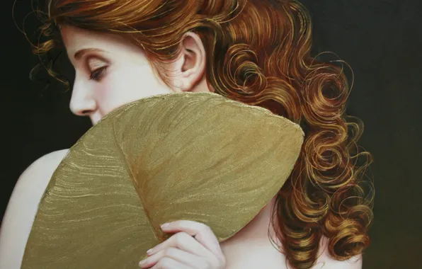 Picture girl, face, hair, hand, fan, art, profile, red