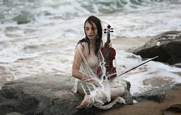 Picture sea, girl, shore, violin
