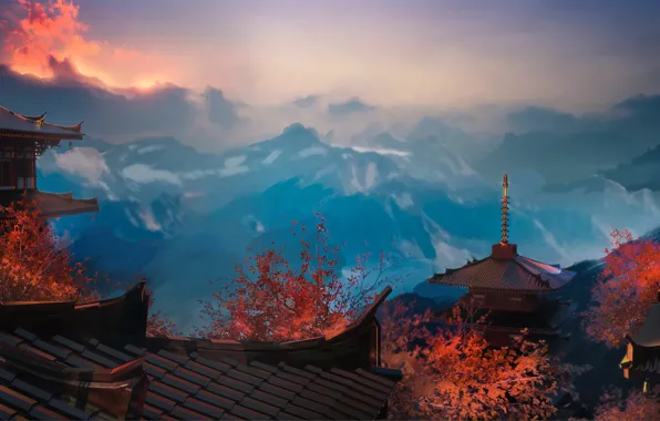 MOUNTAINS, HORIZON, The SKY, TOPS, HOUSE, SNOW, ARCHITECTURE, ROOF