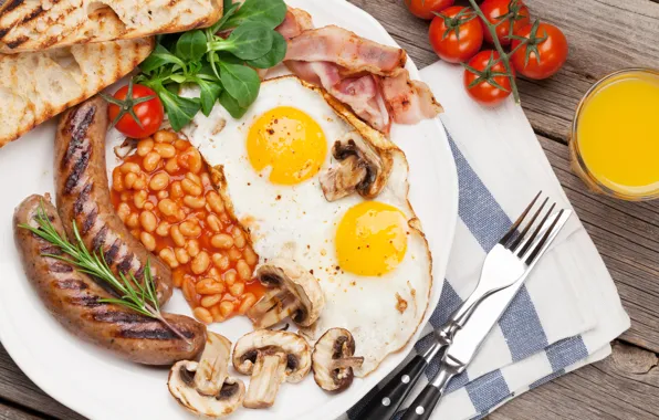 Mushrooms, sausage, food, Breakfast, bread, tomatoes, toast, beans