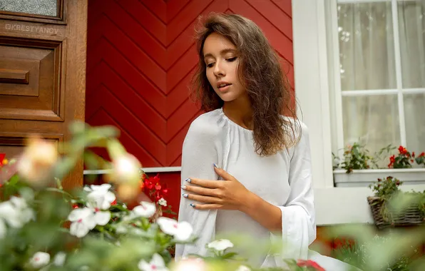 Women, plants, no bra, porch, painted nails, Evgeniy Krestyanov, parted lips, nipple bulge