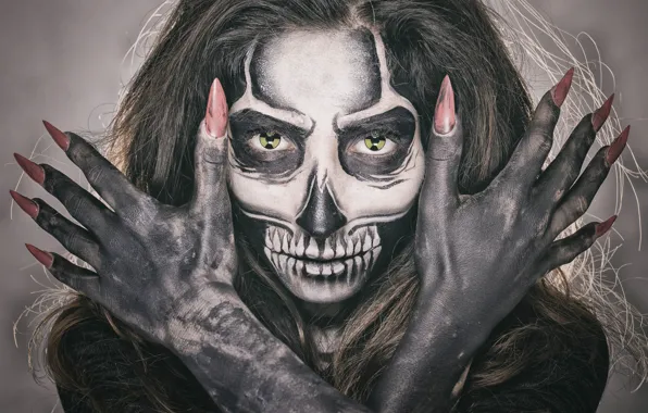 Eyes, girl, face, style, hair, skull, makeup, skeleton