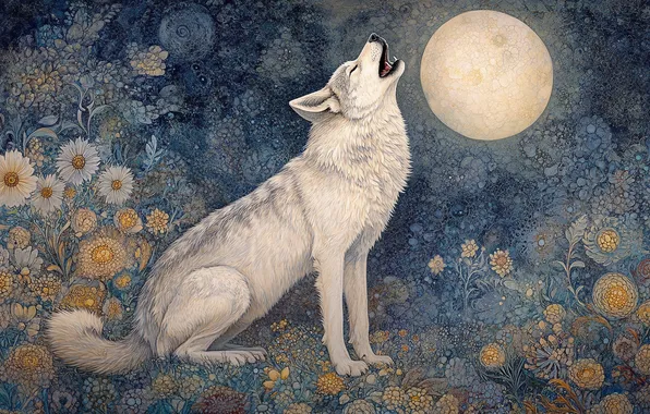 The moon, wolf, wolf howl, imitation painting, AI art, neural network