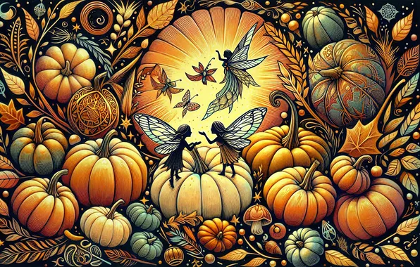 Autumn, butterfly, pattern, girls, styling, garden, harvest, elves