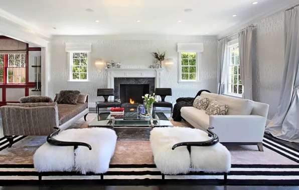 Picture vase, sofa, interior, flowers, sofa, table, living room, fireplace