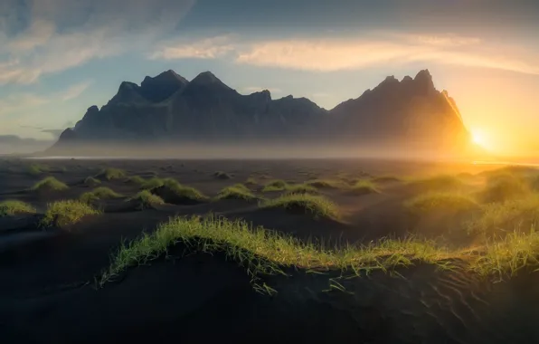 Sea, light, mountains, fog, rocks, shore, morning, dunes