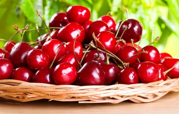 Basket, leaves, leaves, basket, a lot of cherries, a lot of sweet cherry